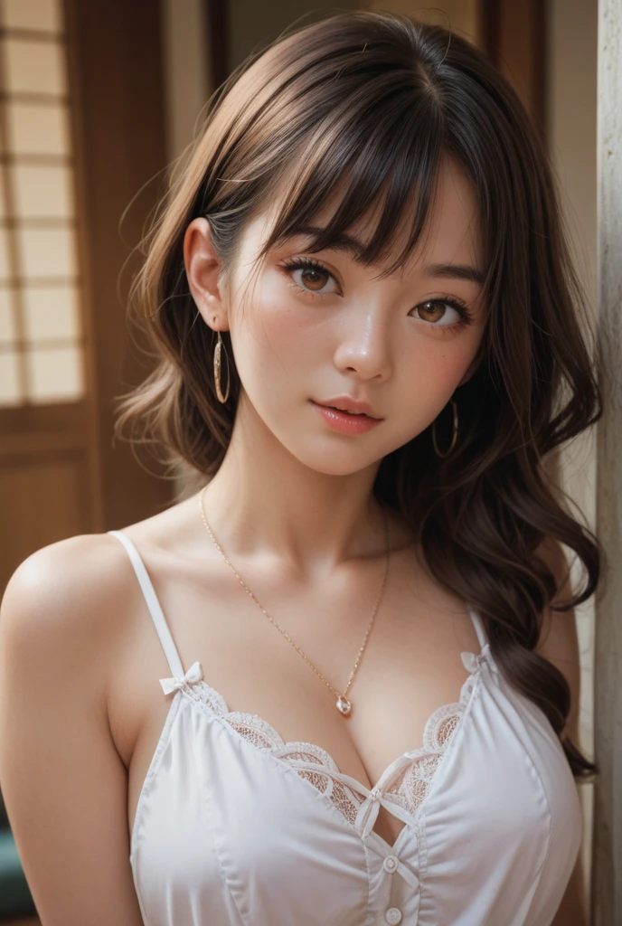 (Masterpiece, BestQuality:1.3), (ultra detailed:1.2), (hyperrealistic:1.3), (RAW photo:1.2),High detail RAW color photo, professional photograph, (Photorealistic:1.4), (realistic:1.4), ,professional lighting, (japanese), beautiful face, (realistic face), cute woman, (Brown Hair, Big Tits:1.2), (cheerful Smile:1.5), Trending Hair&Trending Hairカラーをランダムに, earrings, necklace, bracelet, sexly, erotic sexly, Random sexy gravure poses, (Japanese gravure idol wearing black lace bra and shorts、Lying in bed with a provocative gaze。The background is an elegant bedroom。A pearl bracelet adorns the wrist。:1.3)
