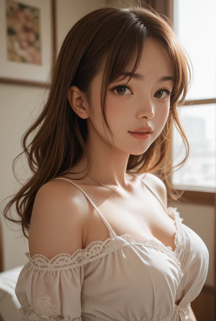 (8K、masterpiece、розовые волосы, Highly detailed background、high resolution)、(mitsuri kanroji)、Cleavage、Sexy pose、On the bed、Open clothing、underwear、On all fours、Low - Angle、Low position、Looking down at the camera、Looking up、Warm View、get closer to the subject