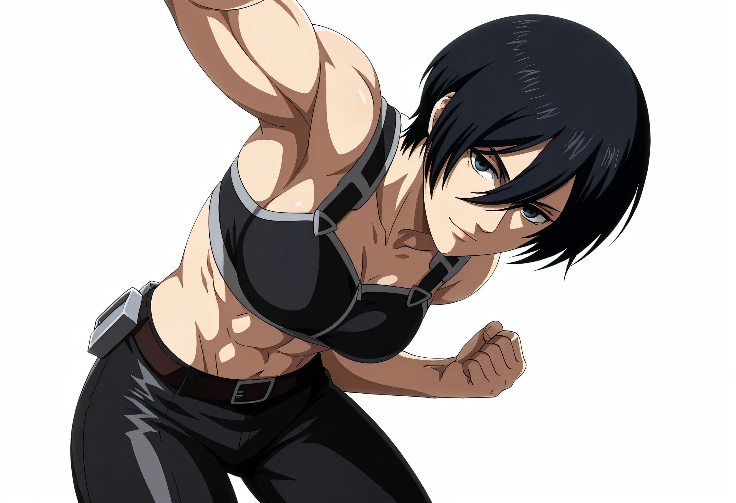 anime coloring, anime screencap, mikasa ackerman, 1girl, solo, short hair, black hair, towards viewer, badass, closed mouth, black sport bra, , belt, black pants, standing, cowboy shot, looking at viewer,, white background, simple background, masterpiece, best quality, highres, very aesthetic, very awa, newest, amazing details, intricate details, ultra detailed,six-pack,bluge between mikasa legs indicates that she have non erect penis,tone six-pack,lean,Matching design own anime,metal muscles designed,sexual pelvis muscles,mikasa handsome face,mikasa princes face,serratus anterior muscles,light smile,mikasa sexual energy enough to do 50 orgasms,sporting body, fists up in fighting pose,armpit appear,mikasa love internet is females,mikasa tall is 176cm,mikasa weight is 100kg,