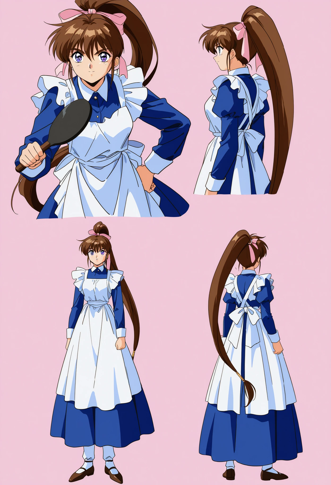 score_9, score_8_up, score_7_up,1990s \(style\),anime coloring,BREAK,1girl, Amatsu_Ai, brown hair, ponytail, very long hair, ribbon, hair ribbon, hair bow, , blue eyes, bangs, purple eyes, high ponytail, full body,BREAK, ( maid,maid apron  ),BREAK,multiple views of the same character,model sheet,chatacter sheet,forward view,back view