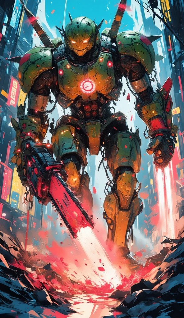 A futuristic cyberpunk battlefield illuminated by neon lights, a towering mecha robot made of glowing watermelon armor, its surface dripping with sticky juice, holding a massive watermelon bomb in one hand and a strawberry chainsaw revving with red sparks in the other, the robot's body is adorned with jagged kiwi spikes and pineapple grenades, cables sparking with electricity, the ground beneath cracked and reflecting the neon glow, a chaotic explosion of fruit juices splattering everywhere, ultra-detailed, cinematic lighting, vibrant colors, high-tension atmosphere, sci-fi destruction aesthetic

