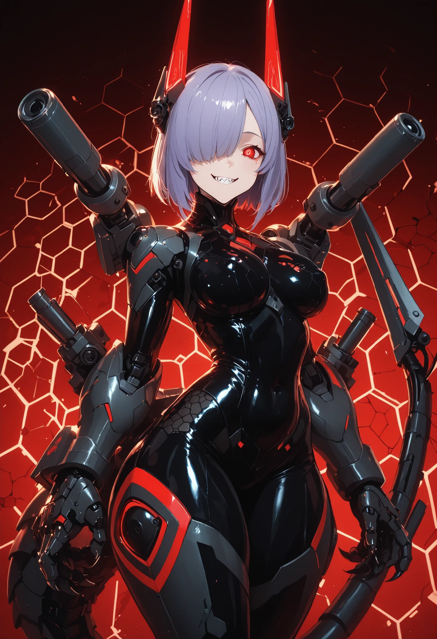 Mechanical weapon girl. Lavender hair. One eye covered. Glowing red eyes. Sleepy eyes. Smiling. Latex covering the chin and cheeks. Black and red image colors. Sci-fi style. Honeycomb pattern bodysuit. Perky breasts. Thick thighs. Slim waist. Mechanical tail. Blade on the tail. Mechanical hands. Big hands. Sharp claws. Turret on shoulder. Main gun. Biological machine. Cracked background.