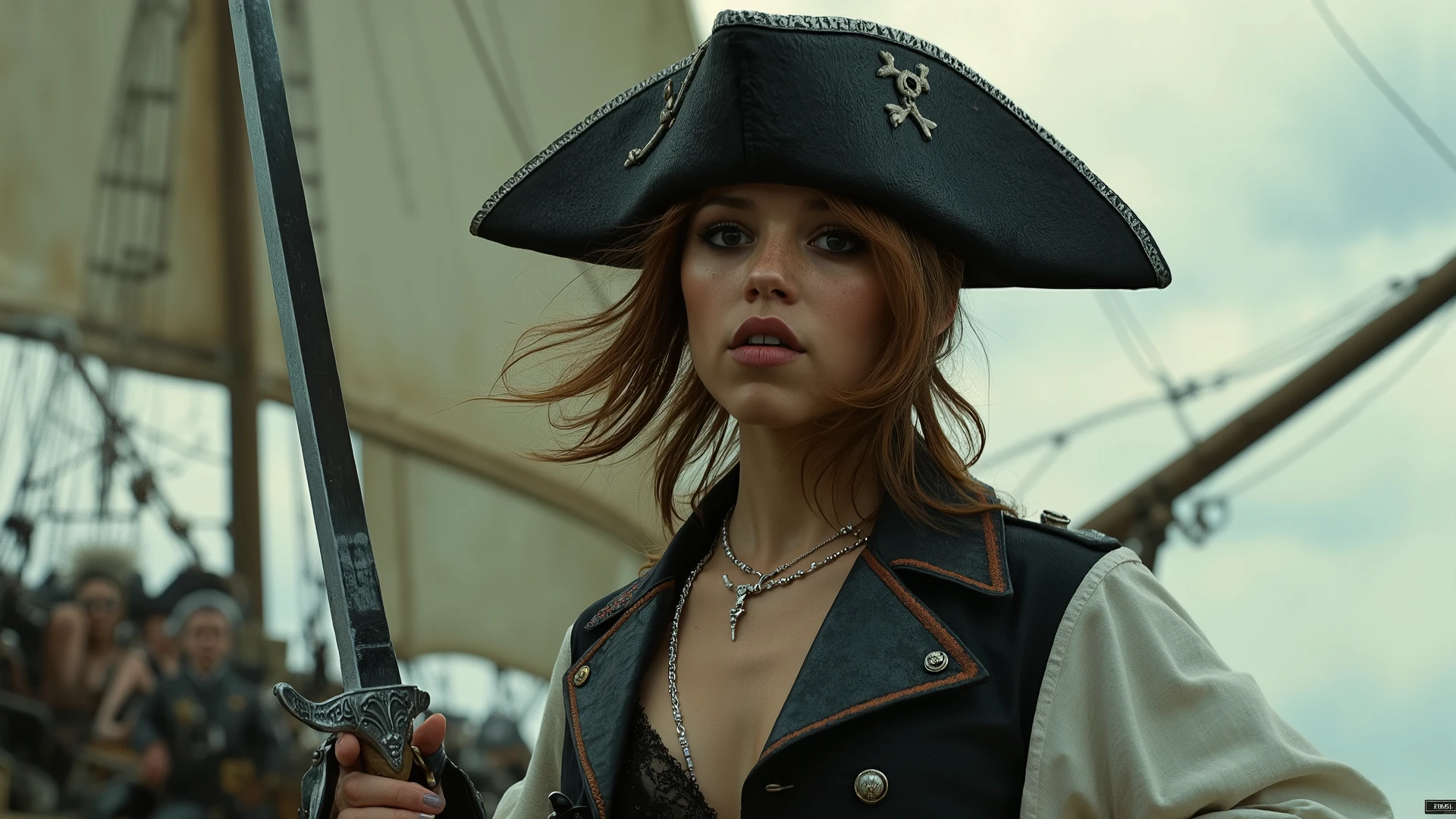 ((((big  female pirate, (humid, black chrome fencing sword pointed at viewer, red etching, photorealistic)))), pirate hat), leather vest, chrome rivets, laces, open unbuttoned, leather pants,  wind, windy, vivid green eyes, short wavy ginger hair, BREAK, background pirate ship, jollyroger, sails