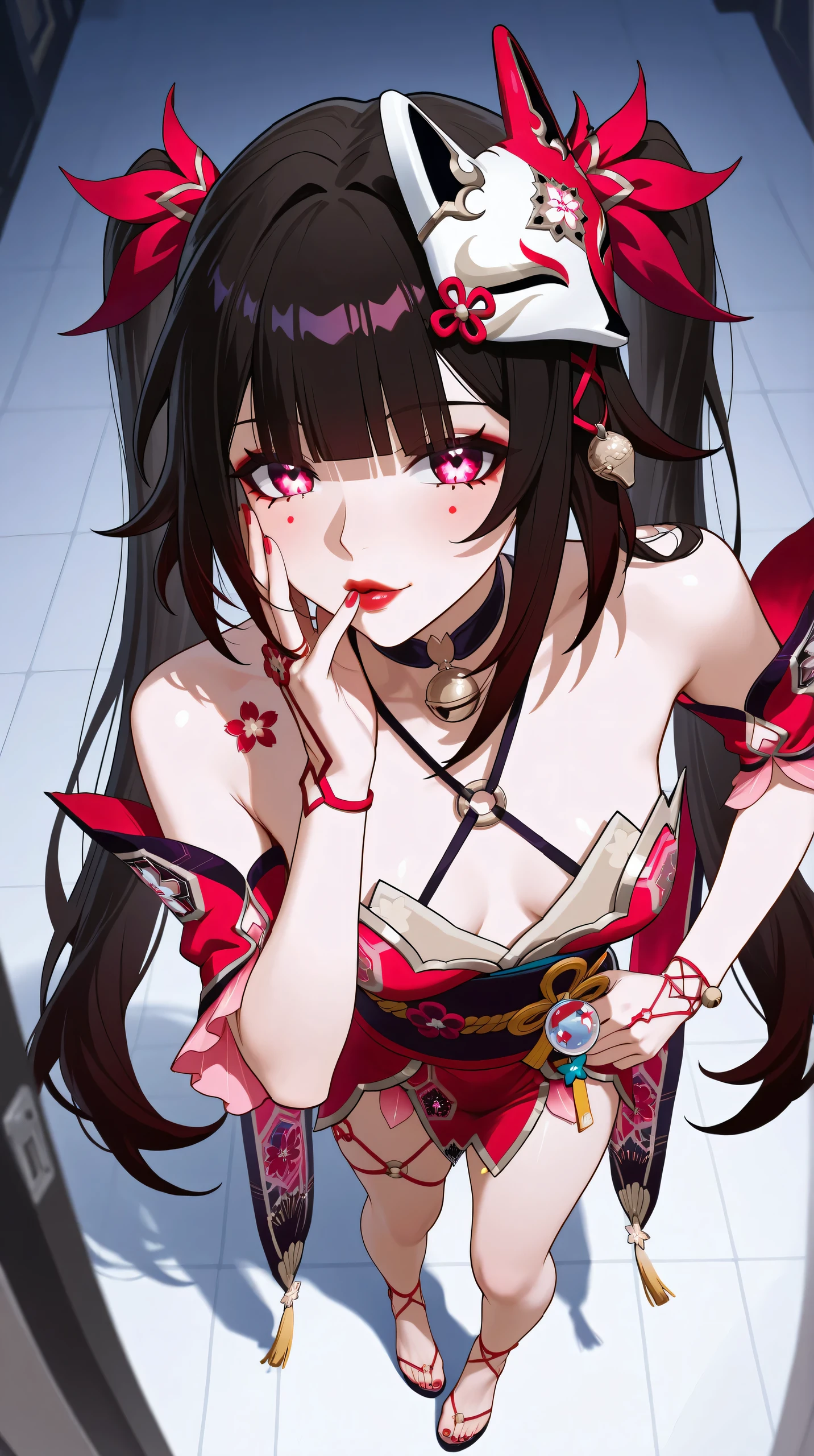 Sexy Sparkle honkai Star rail, slightly lateral view from above, standing in a sensual pose, turned to the side with an oblique look at the viewer, Hand in your hair in a sexy way and a hand on your face with your finger on your shiny lips, black hair, eyes with butterfly-shaped pupil, Beautiful red lips kissing, outfit Sparkle, small breasts, bust almost naked, very detailed character in high definition, very shy face with a blushed cheek, pretty sexy feet down with red nail polish, in high resolution, piedi nudi