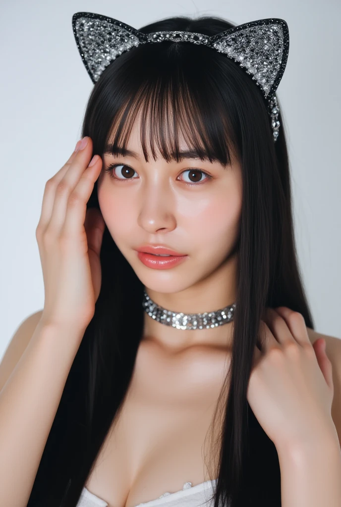 (sfw:1.5),(masterpiece, highest quality),1 girl, Cute beauty、28 years old、alone, Looking at the audience, (((Gray Hair)))、Highly detailed shiny short bob hairstyle:1.4, short hair:1.8、Beautiful symmetrical face、Beautiful and attractive woman、Whity, lips, bangs, Outdoor, Mouth closed, Upper Body、Big eyes、eyelash、(((Blue Costume)))、((Very simple black background:1.8))、(((Looking at the audience、Show me your ears、Long neck、smile、smile)))、Ideal body type、(((huge big breasts , Cleavage:1.6、Happy smile、Beautiful Teeth)))、(((Anatomically correct:1.5)))、(Perfect body proportions)、 ((Round face)), Realistic Eye Size, Big Eyes、Droopy eyes