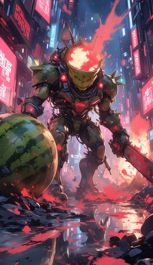 A futuristic cyberpunk battlefield illuminated by neon lights, a towering mecha robot made of glowing watermelon armor, its surface dripping with sticky juice, holding a massive watermelon bomb in one hand and a strawberry chainsaw revving with red sparks in the other, the robot's body is adorned with jagged kiwi spikes and pineapple grenades, cables sparking with electricity, the ground beneath cracked and reflecting the neon glow, a chaotic explosion of fruit juices splattering everywhere, ultra-detailed, cinematic lighting, vibrant colors, high-tension atmosphere, sci-fi destruction aesthetic

