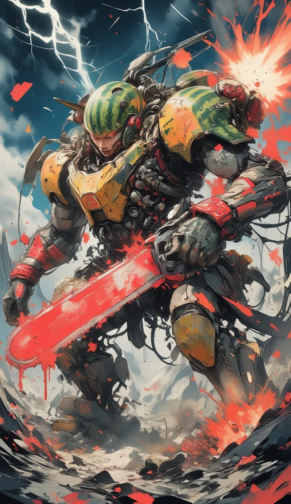 A futuristic cyberpunk battlefield illuminated by neon lights, a towering mecha robot made of glowing watermelon armor, its surface dripping with sticky juice, holding a massive watermelon bomb in one hand and a strawberry chainsaw revving with red sparks in the other, the robot's body is adorned with jagged kiwi spikes and pineapple grenades, cables sparking with electricity, the ground beneath cracked and reflecting the neon glow, a chaotic explosion of fruit juices splattering everywhere, ultra-detailed, cinematic lighting, vibrant colors, high-tension atmosphere, sci-fi destruction aesthetic

