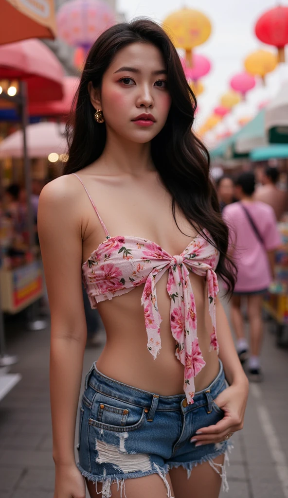 Beautiful face, beautiful body, Girl standing in the clouds staring up as the stars, stars floating around her, brilliant colors, amazing swirls of cosmic dust, colorful vibrant, light particles, Create digital artwork in the Pop Art style, Featuring a vibrant and confident young Asian girl，street fashion (breast), Movie color scheme, Surrounded by vintage flower motifs, Vibrant brushstrokes,Emotions should be dynamic, Upper body, Drawing, illustration, escala cinza, tropical, Many flowers,