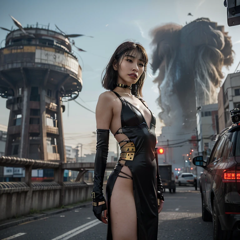 Top image quality, 电影灯光, octan render, ultrasharp, 1 Mechanical Girl, japanes, embarassed face, glowy skin, Brown hair, Mechanical body shining in a mirror, Countless neon tubes embedded under the skin, Raw skin is exposed in cleavage, Exposed skin on the abdomen, intricate detailes, LED glowing red in the crotch, cleavage of the breast, Detained fugitives, Running figure, cyberpunked, Night sky with countless stars twinkling, Shining Milky Way, Heavy rain:1.3, Ruins, Laser beam attack, big explosion:1.3, Pillar of fire:1.2, A city engulfed in flames, floods, wetting hair:1.5, wetted skin:1.5, puddle, Detailed eyes, detailed skin textures, cammel toe, Detailed CG image quality, 8mm fisheye lens, Angle looking up from below:1.2, (Full Body Angle), The whole body is soaking wet, Fast shutter speed,