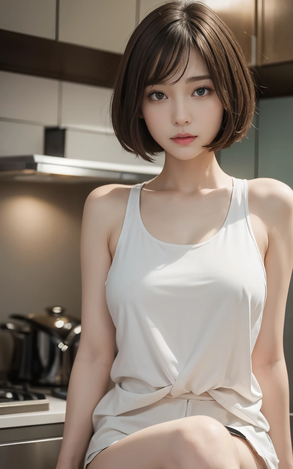 masterpiece, top-quality, 1 beautiful girl, (Detailed beautiful eyes), ((Detailed skin)) , ((Detailed medium hair )), A beautiful 170cm, in colorful clothings hiphop style, crop top, tank top and ripped jeans, at the kitchen, RAW photos, CG rendering, Blurred background, deep shadow, 16K, bokered, Very detailed, wallpaper, depth of field, movie light, Ray tracing,