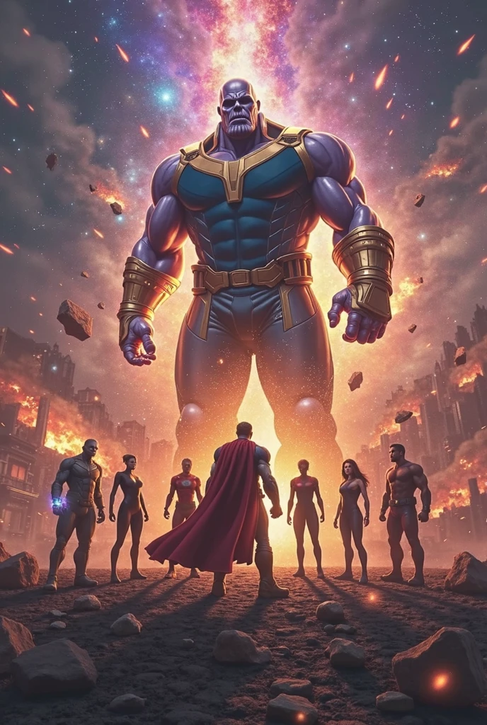 Iron man,Thor,Hulk, captain america, doctor strange,Thanos in cyberpunk scenery with led lights glowing background with red and white colours