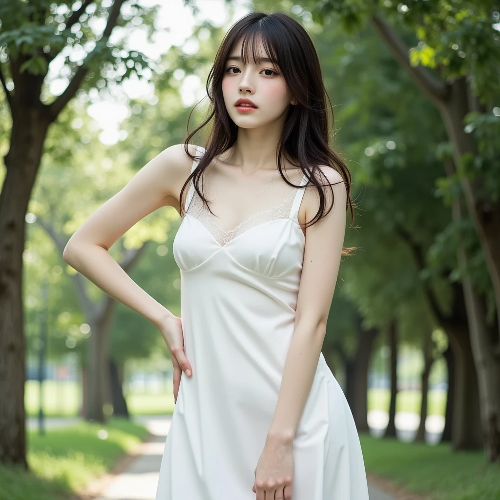 ((masterpiece)), ((best quality)), ((ultra-detailed)),((hyperrealistic)),(japanese cute girl),(shiny skin),1girl,(forehead),black hair,long hair,(black big eyes,tareme,droopy eyes),(small breasts,slenderbody),15 years old,dynamic angle,(white camisole dress),park,legs,walking,knee