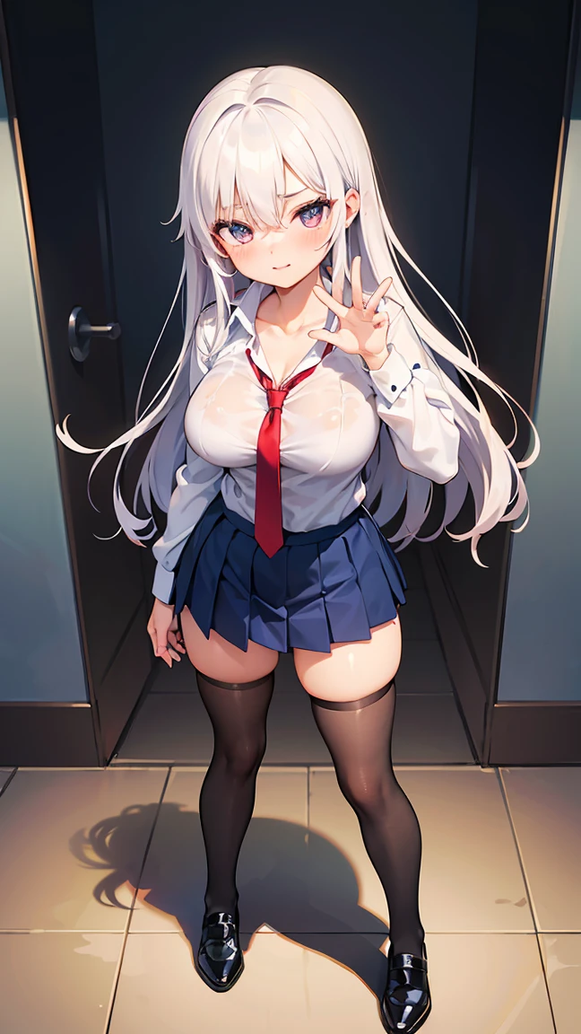 (8K, Best Quality, Masterpiece:1.3)), Ultra High Resolution, (1 Girl, 1 Person), (Color Changing Eyes, Super Detailed, Expressive Sparkle, Sparkling, Glowing Eyes), Highly Detailed Eyes, Highly Detailed Face, Random Hair, (Silver Gray Color), "Woman Wearing an Open-necked Blazer". The background is a science lab, an intellectual space lined with lab equipment and specimens. It is after school, and the sunset from the window warmly illuminates the entire science lab. The woman is captured at an angle from above, with long, straight, silver hair flowing down her back.
She is wearing a dark gray blazer with a wide open neckline. The V-shaped cut of the blazer accentuates her chest, and a cute white bra can be seen underneath. The bra has small ribbon and lace details, and the fabric of the blazer fits her body. The skirt of the uniform is above the knees, and the front of the blazer appears to be slightly open.
She is wearing a shy smile with a slight blush on her face. Her figure blends in with the intellectual atmosphere of the science lab, and the lighting in the background adds a soft glow to the whole image.