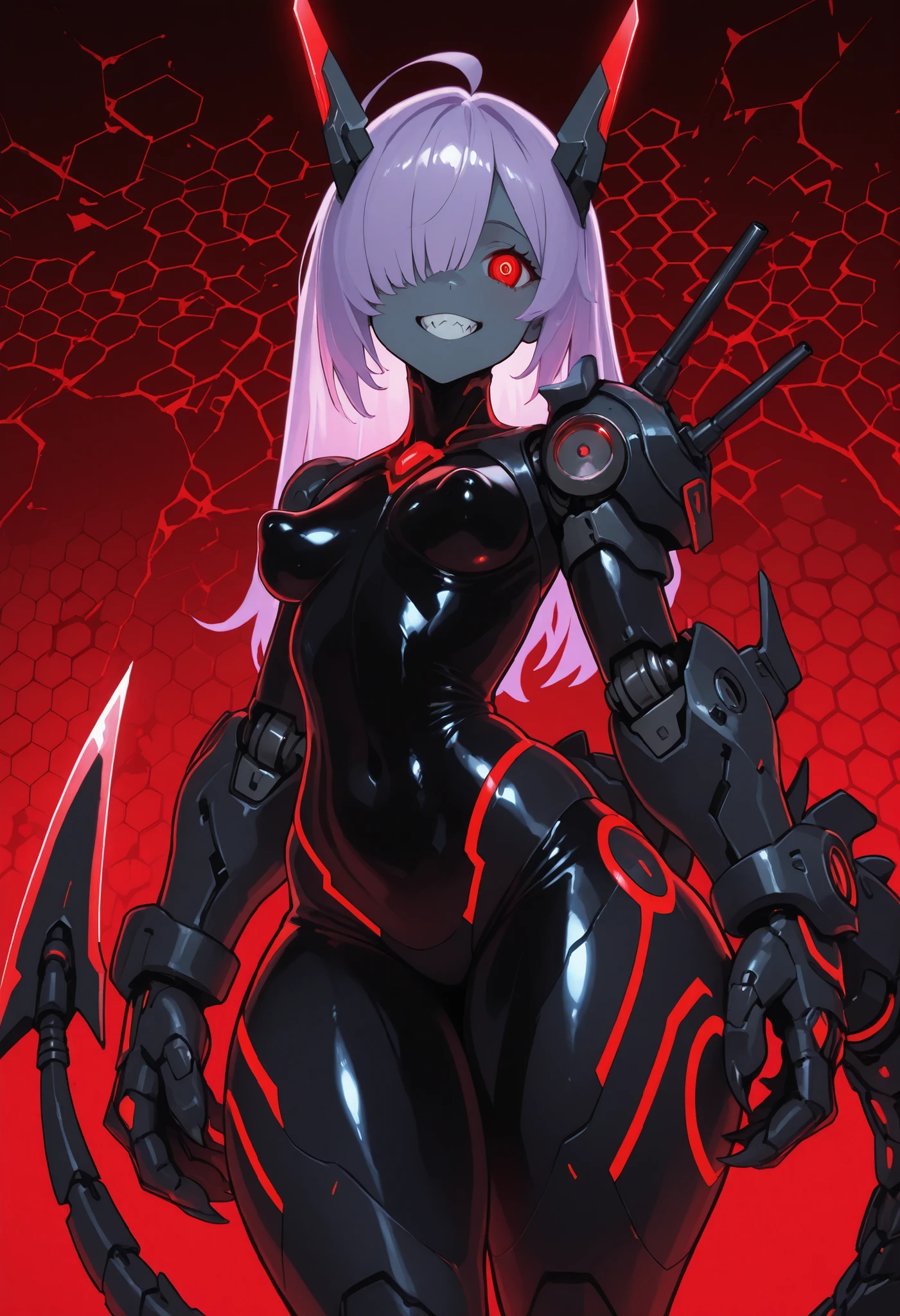 Mechanical weapon girl. Lavender hair. One eye covered. Glowing red eyes. Sleepy eyes. Smiling. Latex covering the chin and cheeks. Black and red image colors. Sci-fi style. Honeycomb pattern bodysuit. Perky breasts. Thick thighs. Slim waist. Mechanical tail. Blade on the tail. Mechanical hands. Big hands. Sharp claws. Turret on shoulder. Main gun. Biological machine. Cracked background.