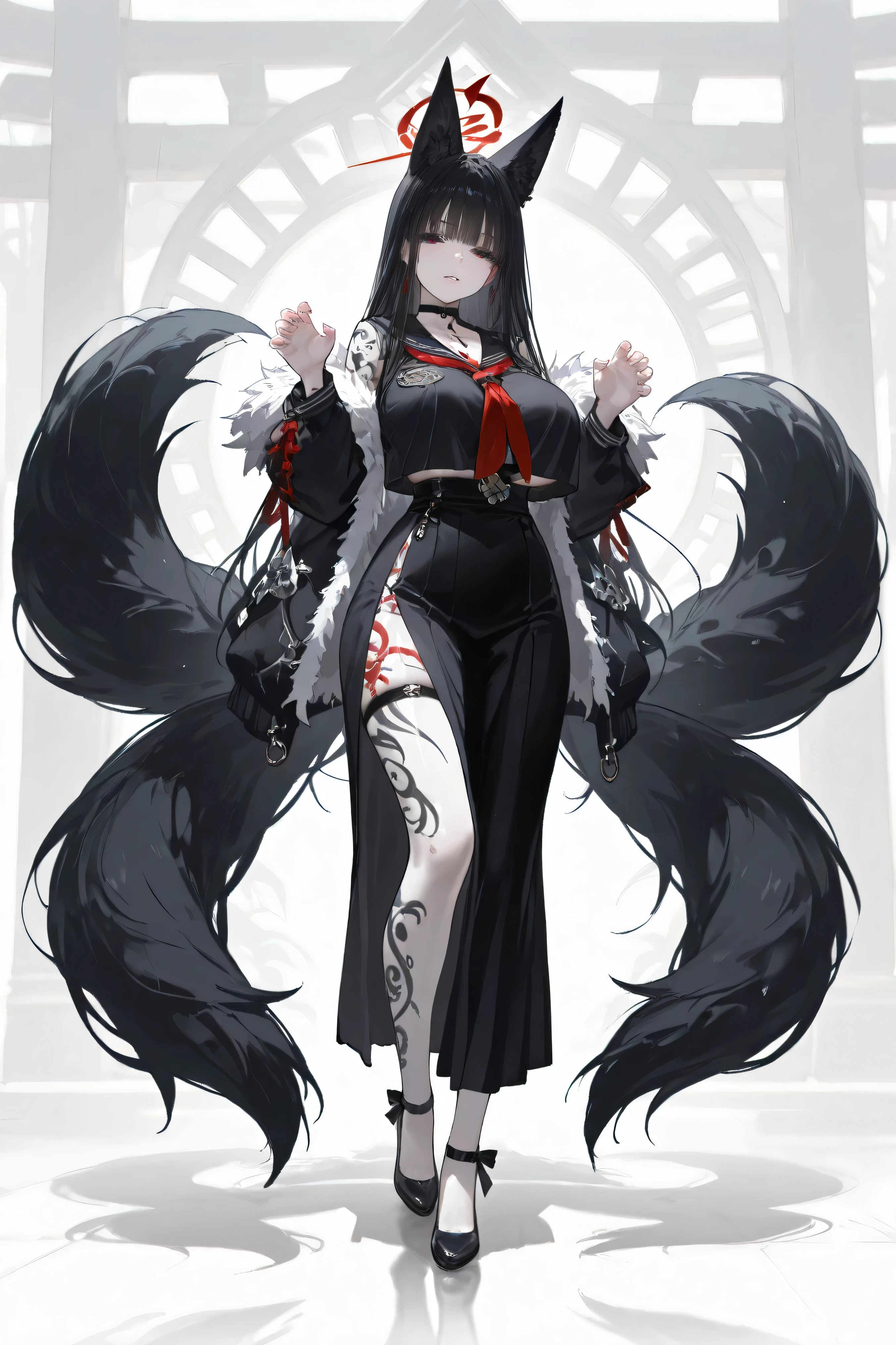 long black hair、 eyes without light 、Dark Eyes、black sailor suit、white skin、full body、Nine tails、fox tail、Lots of tattoos、huge breasts、Claw pose shrine、Feather coat、