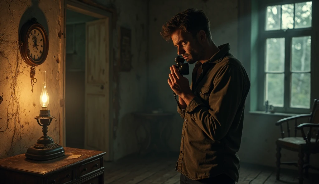 Job from the Bible, 30 years old, in a cave with a light in the background, watches the devil in the corner of the cave