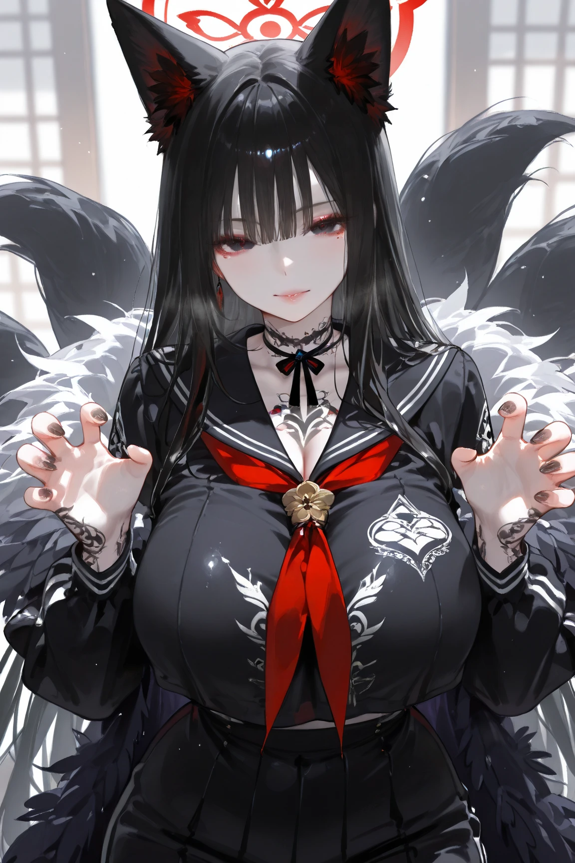 black、White、Blue and Red,(best quality, Extremely detailed, high resolution, Extremely detailed的 CG),Angel,She is beautiful,Black Trench Coat, (Big Breasts 1.2), Curvy beauty, (Mature woman),(Black windbreaker:1.2)