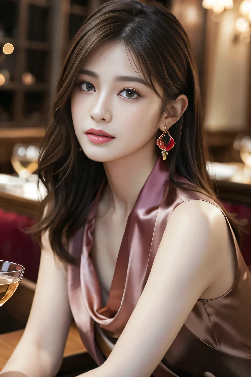 masterpiece, Highest quality, Realistic, Very detailed, Finer details, High resolution, 8k wallpaper, One beautiful woman, Wear an elegant silk shirt in a pretty color, In a great restaurant, At night, Light brown messy hair, Perfect dynamic composition, Beautiful and beautiful eyes、Big earrings、chest、Sleeveless shirt、