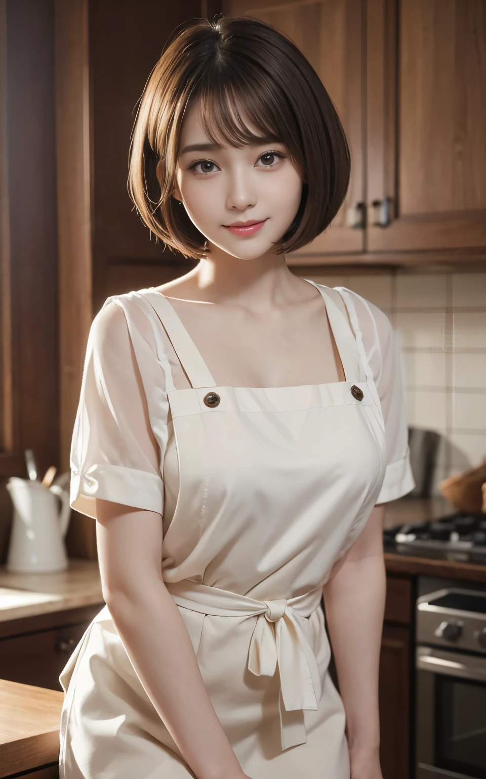 Browsing Caution:1.1、Active women, smile、Age: 40 years old, Mature Woman, Bake cookies in a sunny kitchen, Surrounded by flour, Stir the bowl、Huge breasts 、short hair、Black-haired、Wearing a white apron、Long Sleeve T-Shirt、((Tight clothing))、(blunt bangs)