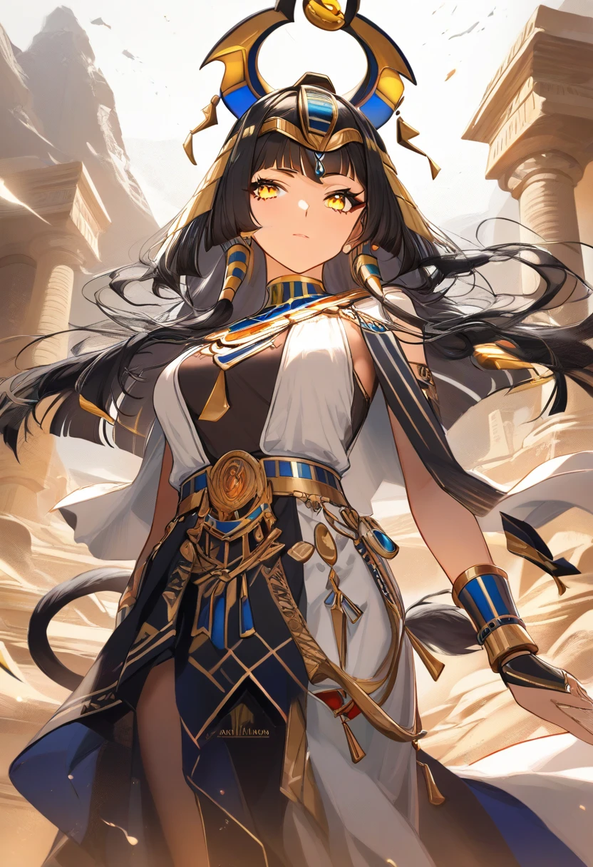 1female, high detail, Egyptian clothing, Egyptian jewelry , Egyptian temple , lion tail, black hair, yellow eyes,