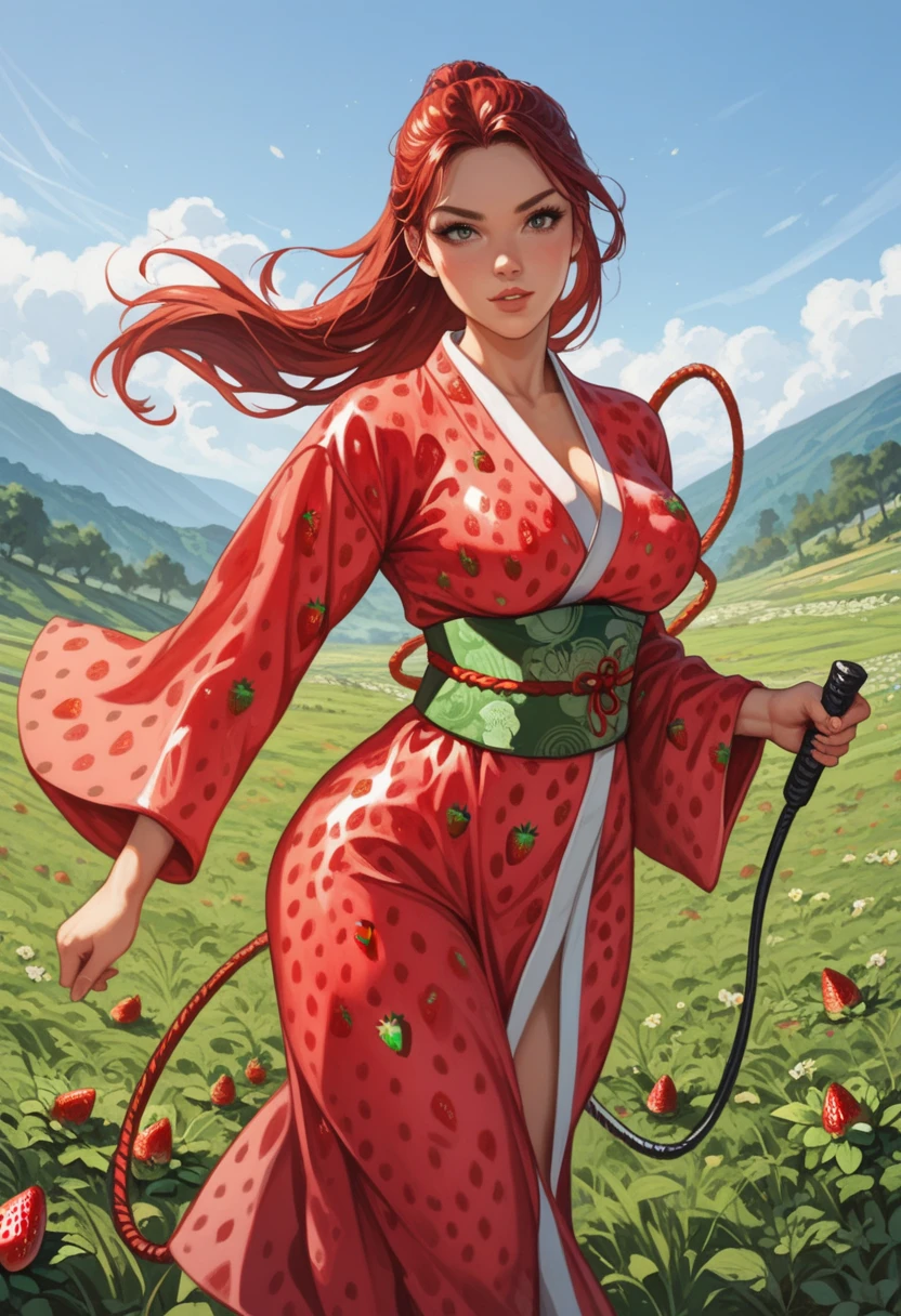 AppleJack, Applejack from my little pony, big breastes, Lush breasts, closed clothing, elastic breasts, exuberant hair, straight hair, red elastic band on the hair, samurai, kimono , smirk, serious face, Katana in hand, big iron katana, very long katana, emphasis on the sword, shiny sword, glitter sword, view from bottom, Foreshortening from the ground, fishnet stockings, apple hairpin, Green Outfit, a lot of green and red, beste-Qualit, Very detailed, Japanese farm, the trees, Apple trees