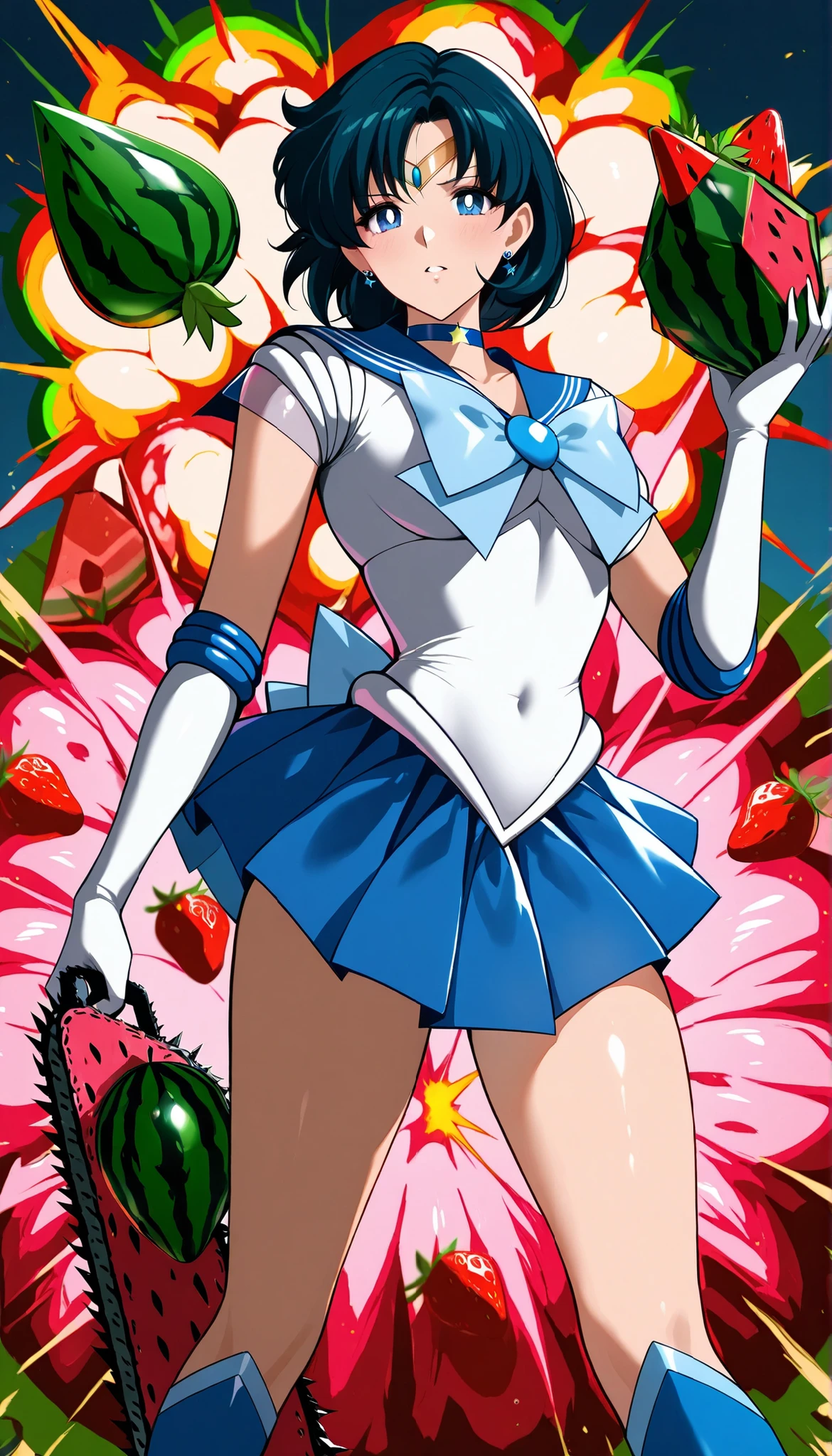 masterpiece, top quality, Great Quality, sexy, erotic, 1 girl, (スレンダー, 巨乳、Sailor Mercury:1.5),fruit weapon, fruit weapons, (watermelon bomb explosion: 1.5), (holding a strawberry chainsaw: 1.5)