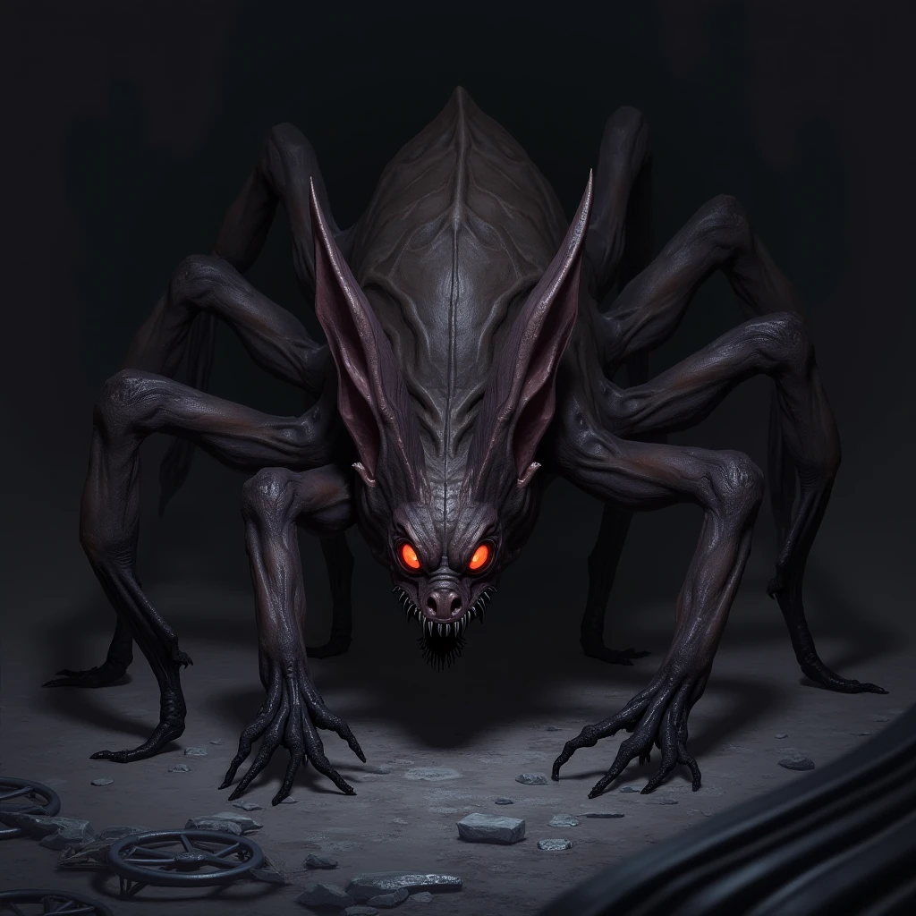 /image Create a detailed image of a monstrous creature with the body of a human and the head and features of an ant, complete with antennae, mandibles, and multi-faceted eyes red colour. The creature should appear both eerie and fascinating, with a textured exoskeleton and human-like musculature. Background red black, with full body and anime style