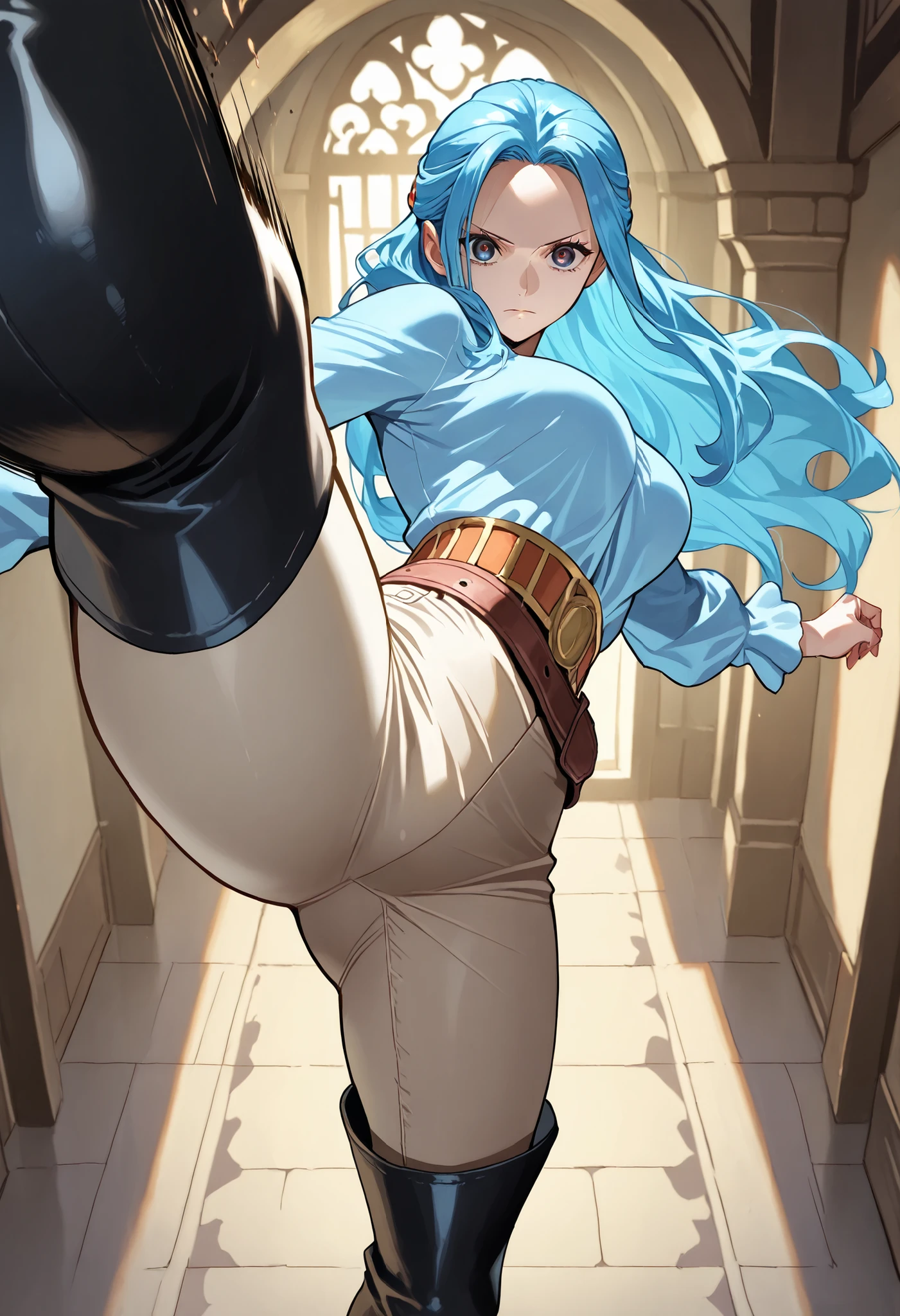 alone, solo, masterpiece, best quality, nefertari-vivi, blue hair, long hair,dominant, evil, black boots, black thigh boots,beige pants, beige tight pants, shirt, belt, pov at boots, view from bellow, kicking, kicking at viewer, kicking balls expressionless