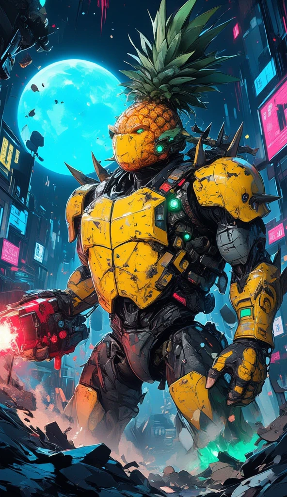 A futuristic cyberpunk battlefield illuminated by neon lights, a towering mecha robot made of glowing watermelon armor, its surface dripping with sticky juice, holding a massive watermelon bomb in one hand and a strawberry chainsaw revving with red sparks in the other, the robot's body is adorned with jagged kiwi spikes and pineapple grenades, cables sparking with electricity, the ground beneath cracked and reflecting the neon glow, a chaotic explosion of fruit juices splattering everywhere, ultra-detailed, cinematic lighting, vibrant colors, high-tension atmosphere, sci-fi destruction aesthetic

