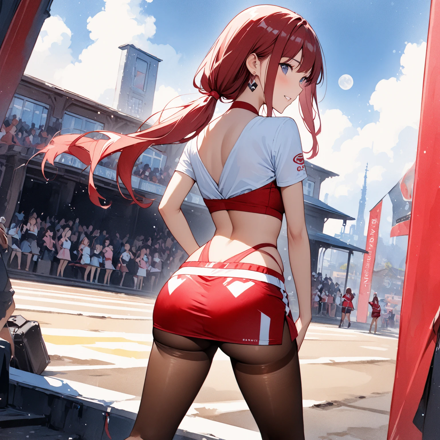 sunsethuman, female, two tones of hair, red and yellow hair, white cabbie hat, red tube top, white booty shorts, red gogo boots, smiling, dancing in a nightclub, full body, back
