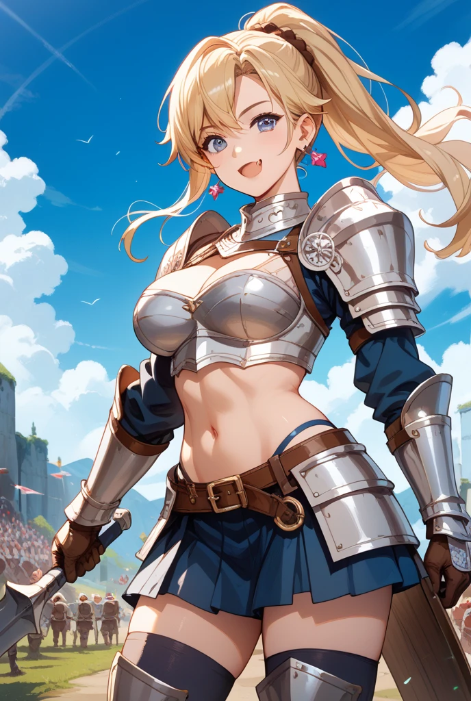Score_9, score_8_up, score_7_up, score_6_up, source_anime, 1girl, long hair, fantasy, armor, white outfit, dual swords, cropped top, skirt, fur accents, standing, confident pose, highly detailed, dark background, modern warrior, looking at viewer, detailed costume, toned midriff