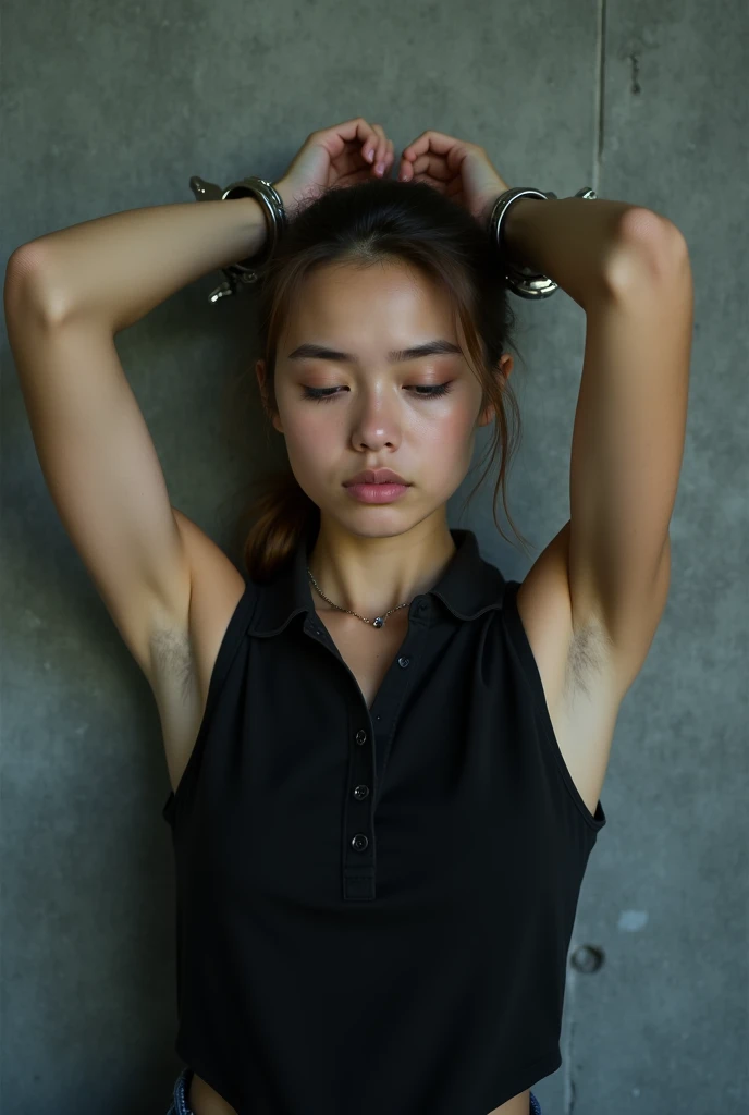 1970s, a hot summer extremly sweaty day in the early 1970s, Close up halfbody torso view of an outdoor skinny but skinny young sweaty mongolian   female prisoner wearing dark grey sleeveless prisoner dress. She is tied down to the restraint chair in prison, with her arms tied very high to the ceiling. She is in a situation where she is strapped down to a prison chair with her arms raised by a rope. She is also wearing very loose, flappy, dark gray prison shorts. capsleeves are very wide, leaving her armpit skin fold fully visible and exposed. Cap sleeves are designed to cover the shoulder but not extend fully over the arm, often ending just past the shoulder. In this case, the woman's cap-sleeve prison dress is short enough that her armpits are visible. This could be due to the design of the dress, or it could be a result of the pose she's striking. backlit She is very sweaty, the outside sunny weather is unbaerably hot, woman is sweating, extreme torso sweating, armpit sweating, extremly bright sunshine,She is very sweaty, the outside sunny weather is unbaerably hot, woman is sweating, extreme torso sweating, armpit sweating, extremly bright sunshine realistic armpit ???????, errorless photo, realistic skin, realistic armpit crease lines, realistic nice toned arms, noticeable pectoral wall creating that hollowness in the armpits,Movie Still