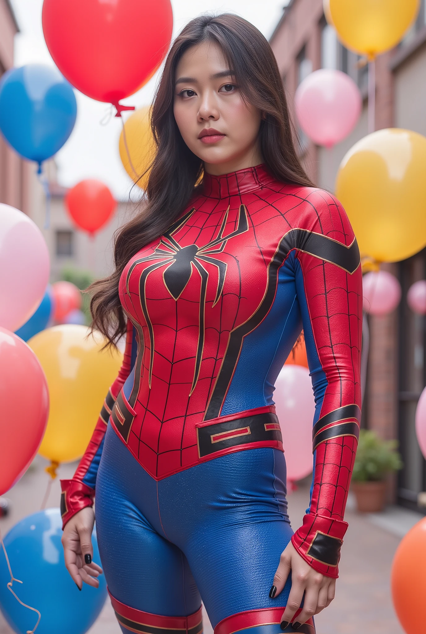 busty curvy super muscular korean female wearing spider-man rubber suit surrounded by balloons