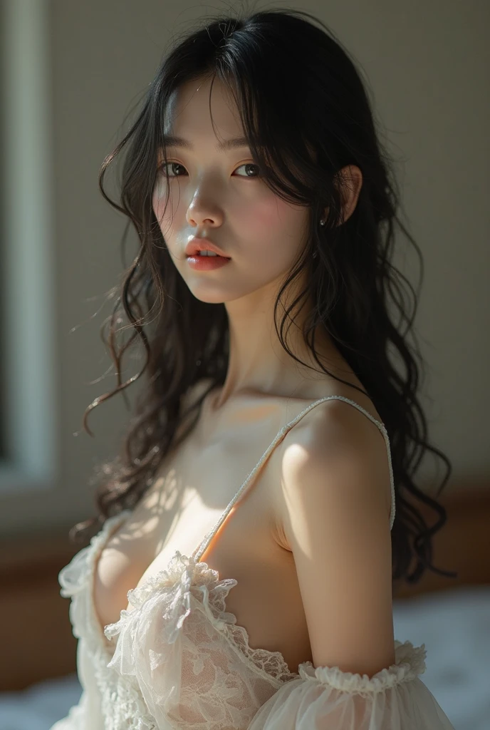 Beautiful Japanese woman in casual clothes, showing collarbone and breasts.