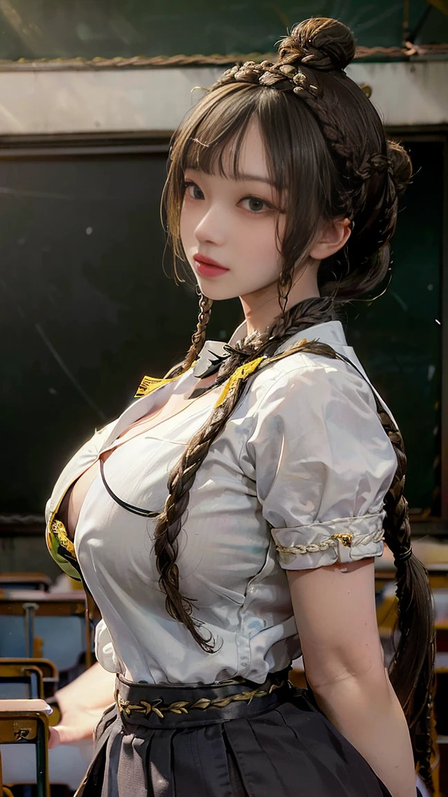 (masterpiece, best quality: 1.2), (The facial details are very rich, real image, Realistic skin, realistic body, intricate details), red eyes (Strong expression), light blush, social attire, half-collar button-down shirt (white), white bra, skirt (Black), Black belt with buckle, big hair (with braids), big breasts, close up, big thighs, classroom, Blackboard.