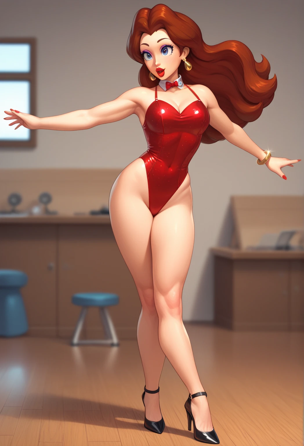 Jessica rabbit, 1 girl, solo, (8k, RAW photo, best quality, masterpiece:1.2), (realistic, photo-realistic:1.37), gym background, female at age 60, curvy, serious looks on her face, angry frowning, looking at viewer, (deep oval navel:1.5), (chubby belly:1.2), detailed face, (extremely detailed eyes), centered composition, red hair, brown eyes, facial mark, forehead mark