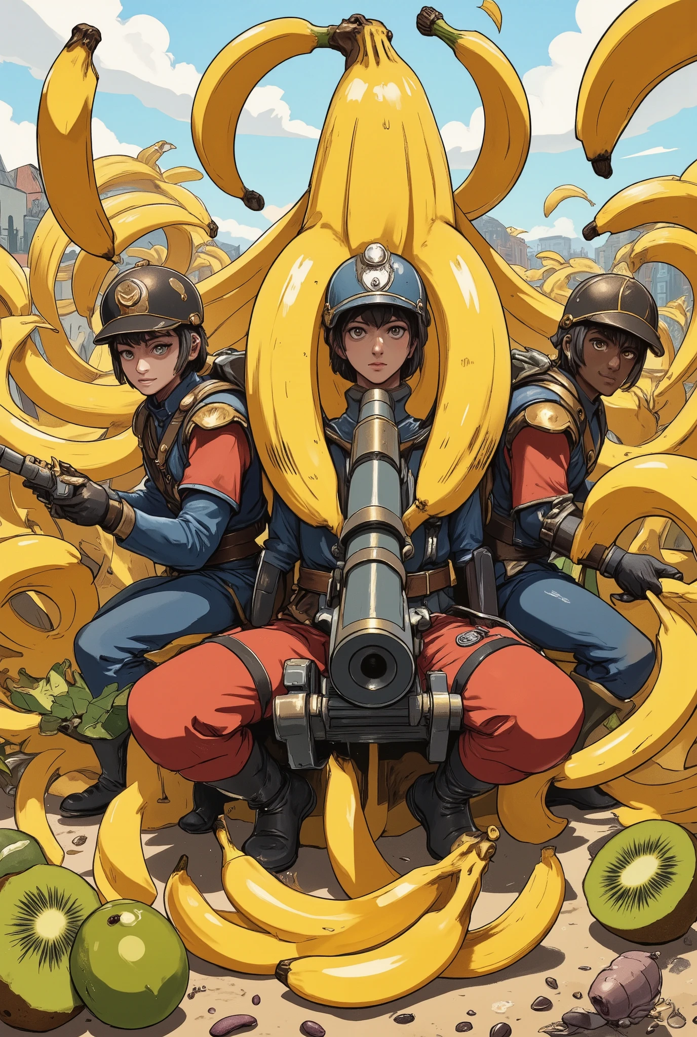 ultra detailed, absolutely resolution, masterpiece, Anthropomorphized French soldiers carrying a cannon made of bananas, a kiwi fruit grenade exploding with seeds flying, fantasy anime images, colorful works, conceptual installation pop art