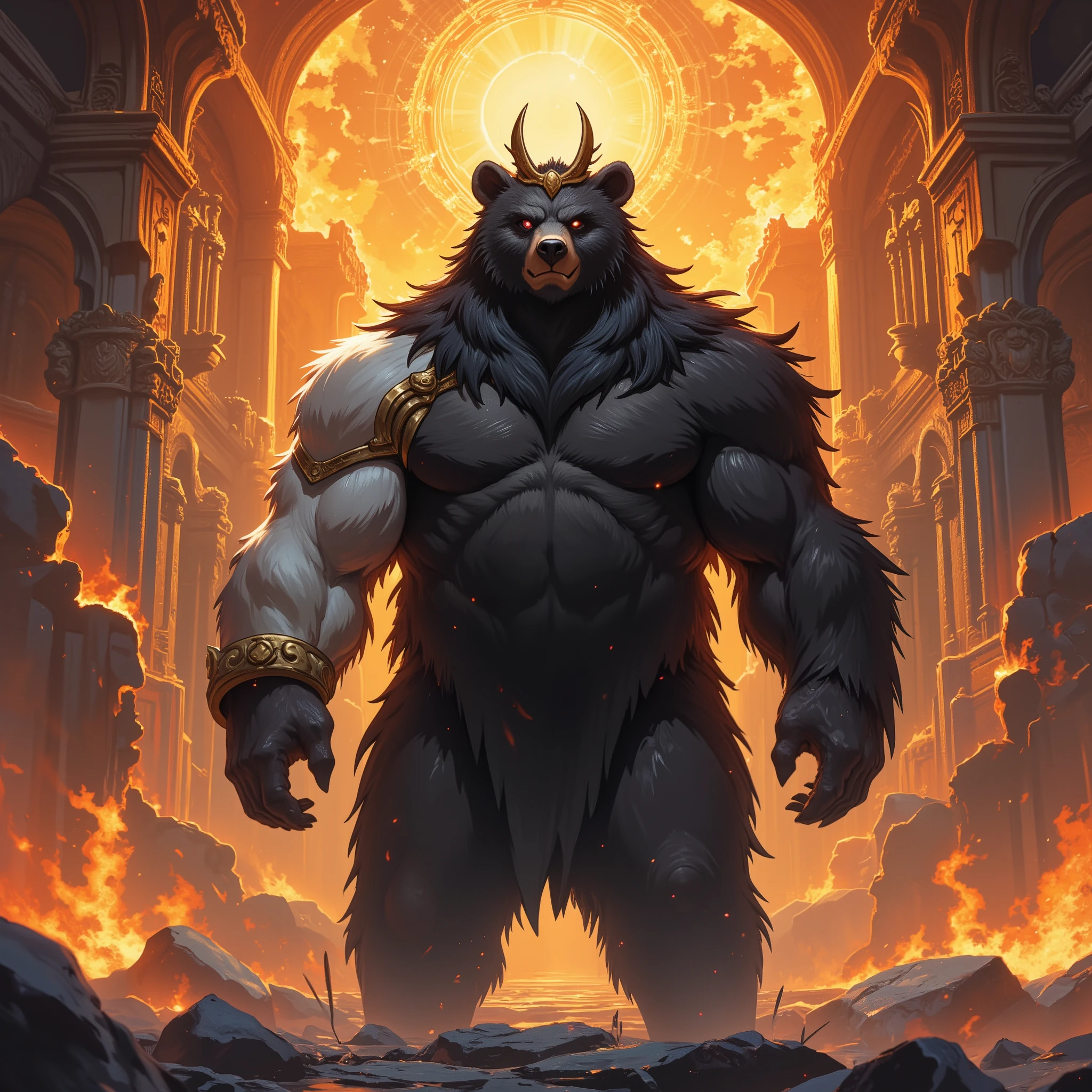 God of Bears. Subtle smerk smile. Standing up. Simplistic natural crown. Dark fur. Light Armored fur. Fire in background. A lot of background details. The bear is far away.