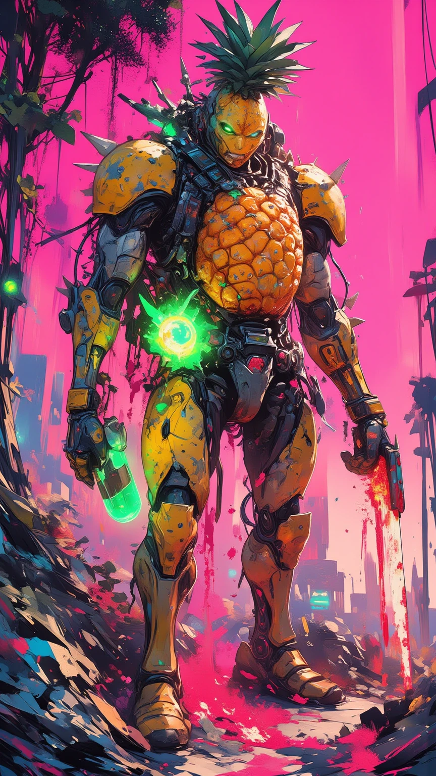 A futuristic cyberpunk battlefield illuminated by neon lights, a towering mecha robot made of glowing watermelon armor, its surface dripping with sticky juice, holding a massive watermelon bomb in one hand and a strawberry chainsaw revving with red sparks in the other, the robot's body is adorned with jagged kiwi spikes and pineapple grenades, cables sparking with electricity, the ground beneath cracked and reflecting the neon glow, a chaotic explosion of fruit juices splattering everywhere, ultra-detailed, cinematic lighting, vibrant colors, high-tension atmosphere, sci-fi destruction aesthetic

