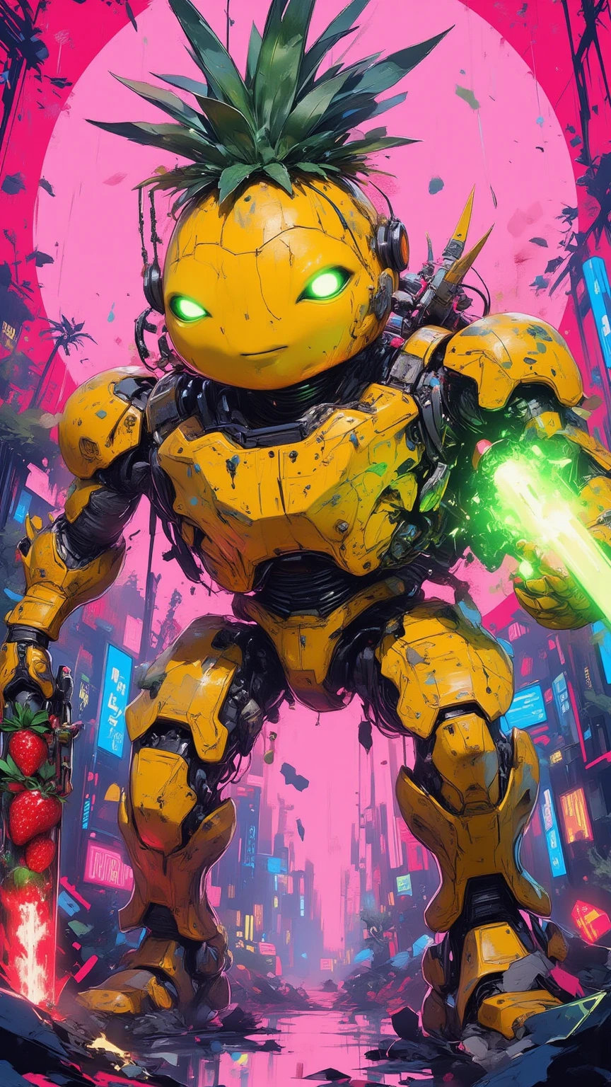 A futuristic cyberpunk battlefield illuminated by neon lights, a towering mecha robot made of glowing watermelon armor, its surface dripping with sticky juice, holding a massive watermelon bomb in one hand and a strawberry chainsaw revving with red sparks in the other, the robot's body is adorned with jagged kiwi spikes and pineapple grenades, cables sparking with electricity, the ground beneath cracked and reflecting the neon glow, a chaotic explosion of fruit juices splattering everywhere, ultra-detailed, cinematic lighting, vibrant colors, high-tension atmosphere, sci-fi destruction aesthetic

