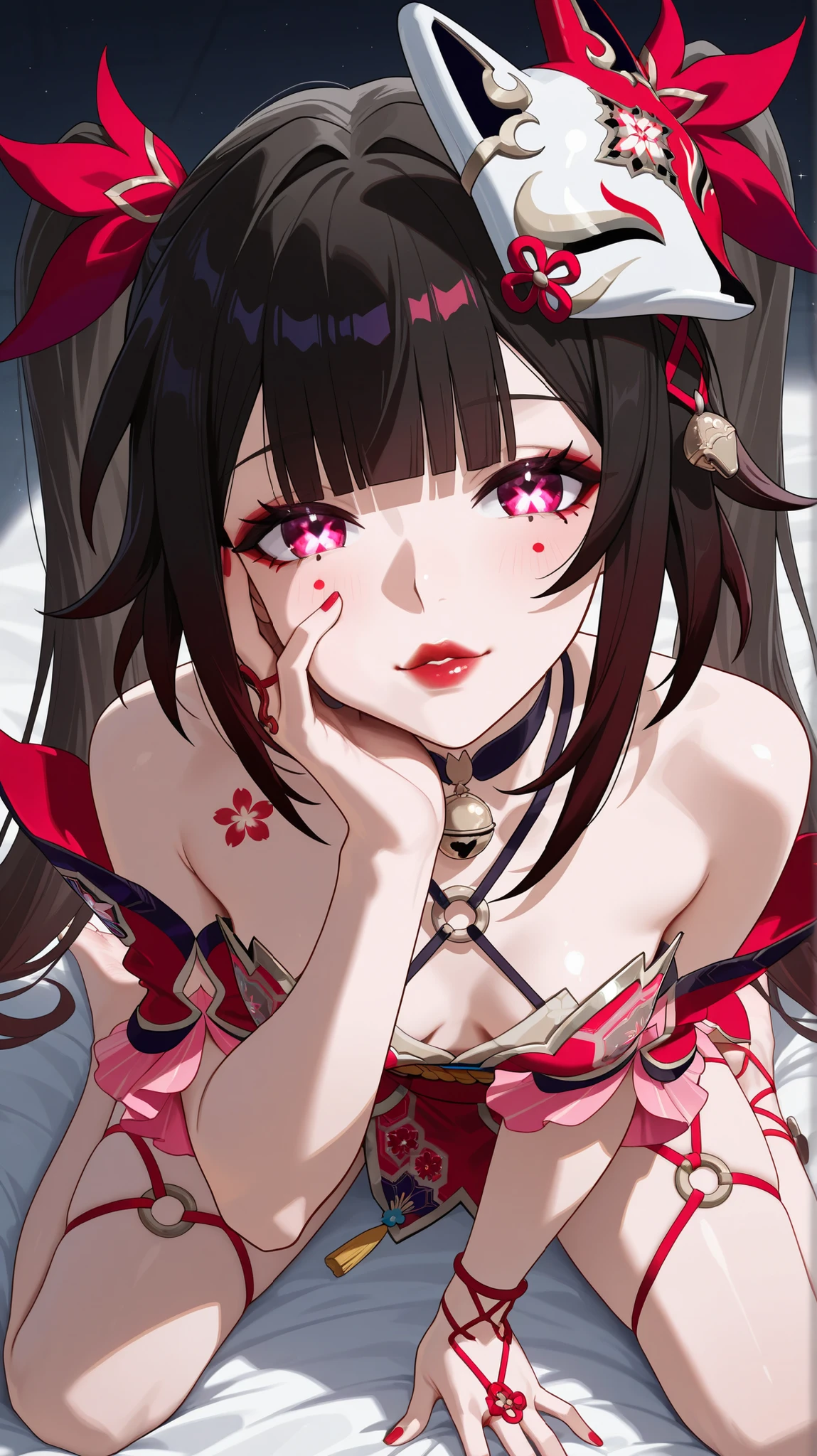 Sexy Sparkle honkai Star rail, slightly lateral view from above, kneeling in a sensual pose, turned to the side with an oblique look at the viewer, Hand on face with finger on shiny lips, black hair, eyes with butterfly-shaped pupil, Beautiful red lips kissing, outfit Sparkle, small breasts, bust almost naked, very detailed character in high definition, very shy face with a blushed cheek, beautiful sexy feet with red nail polish, in high resolution, piedi nudi