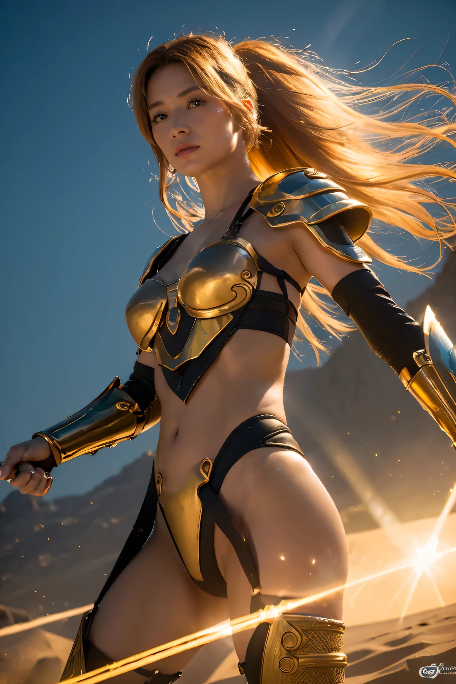 ((top quality、8k、masterpiece:1.3))、realistic, sharp concentration, high resolution, high resolution,  portraits, 1 person, female, beautiful female, (((ACTION POSE)))、ancient Egypt、 Cyber Battle Suits、Complex technology,  pyramid、ancient Egypt都市、 light and shadow 、Laser light、Copper-colored hair