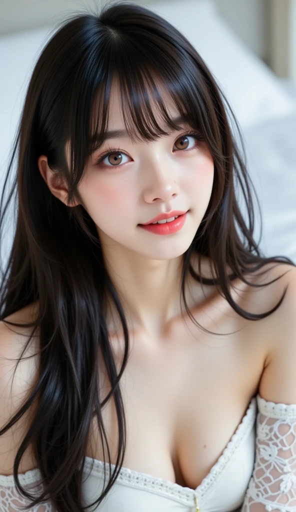 (professional portrait、professional writing)、highest quality, (anatomically correct arm:1.3), Detailed workmanship、high resolution、(8K, High resolution:1.2)、(RAW photo, photorealistic:1.3)、masterpiece、slender body shape、high definition face、Face is in focus、high definition eyes、(Focused, symmetrical pupils:1.2)、High-definition and beautiful skin、firm skin、natural makeup、gross lip, High-definition hair texture、 Japanese high school girl、、(high school uniform:1.3), (lying down on one’s back:1.3), (hugging own chest by arms:1.2), very cute, (very embarrassed:1.2), (blush:1.1), (afraid:1.3), (Glaring at the camera:1.3)、(shot from above:1.3), small breast, nsfw, open mouth:1.2