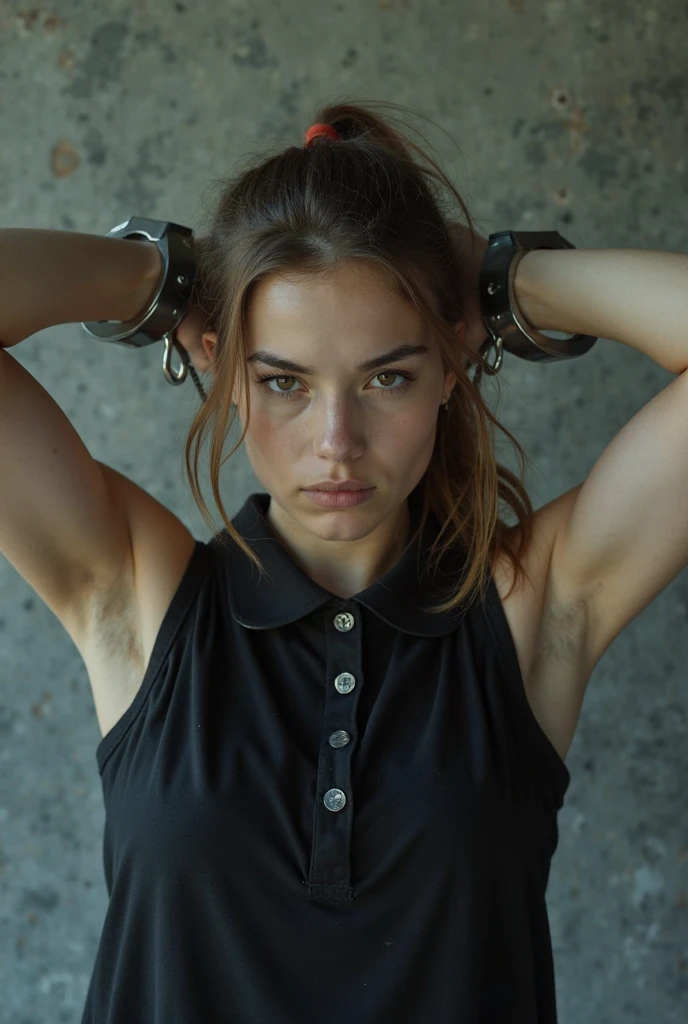 White woman with brown hair wearing tight jeans with unbuttoned belt, handcuffed and confused