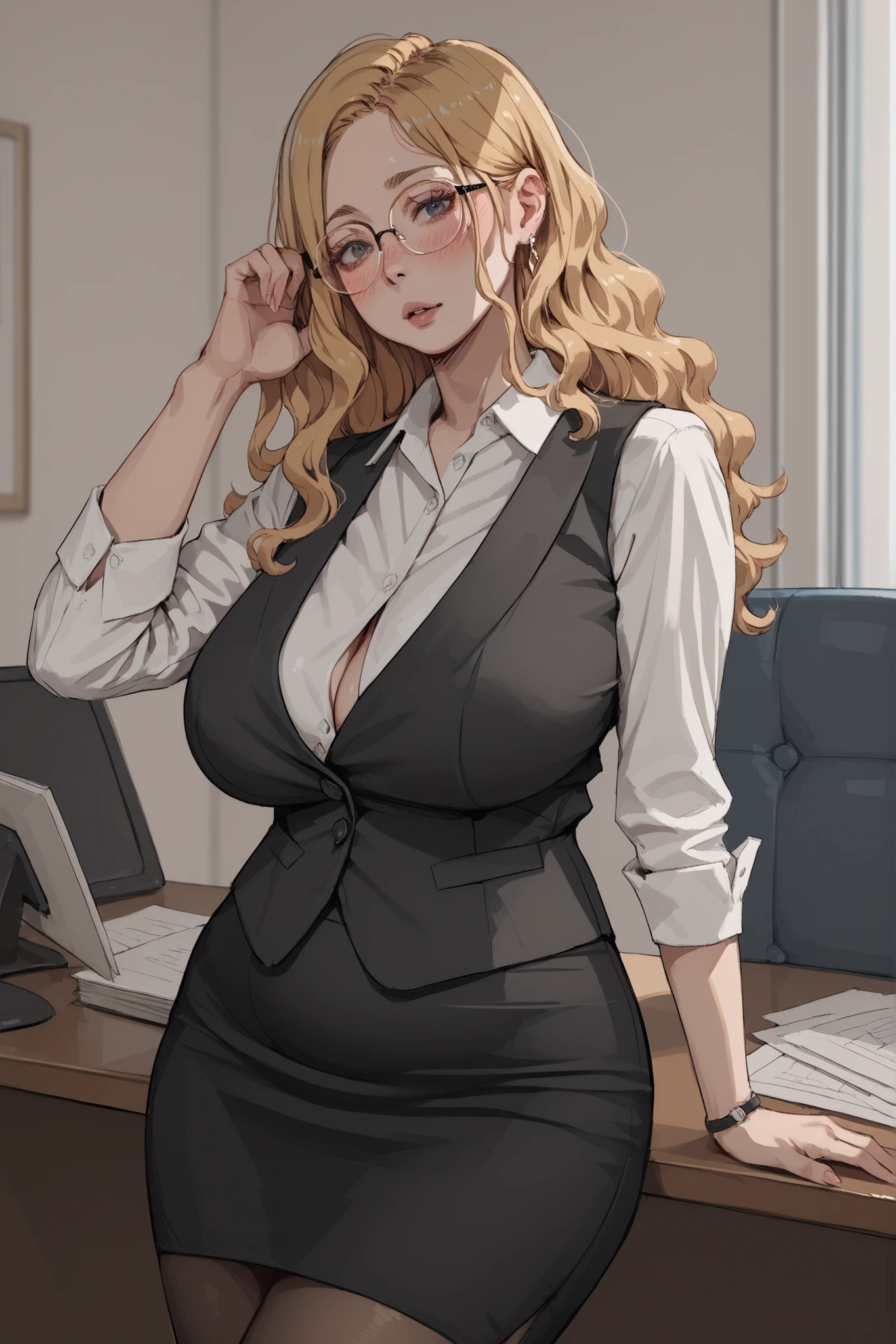 1 plumb girl, blonde long wavy hair, glasses, voluptuous, saggy giant breasts, blush lines, white shirt, black vest, black pencil skirt, pantyhuse, office room