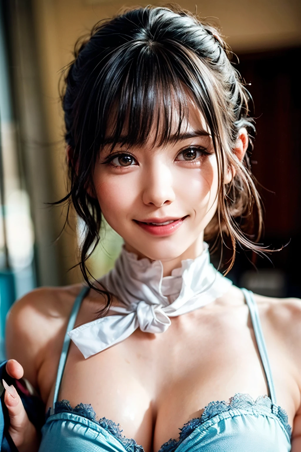 (high quality , Super detailed:1.2 ) , (Highly detailed beautiful face:1.4), ((Highest quality)), ((masterpiece)),((realistic:1.4)),smile ,beautiful woman, (be familiar with), perfect face、(8K, highest quality, masterpiece:1.2),(ultra high resolution:1.0),((Natural big breasts:1.2))