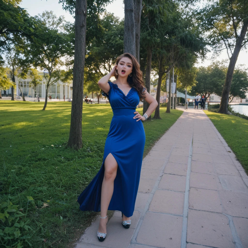 linda mulher arafed, com rosto bem desenhado,  in a blue dress sitting on a wall by a river, in the sunset, during sunset, during a sunset, at a beautiful sunset, with sunset, at sunset, na hora dourada, Durante a Hora Dourada, with a sunset, in the sunset, Na hora dourada