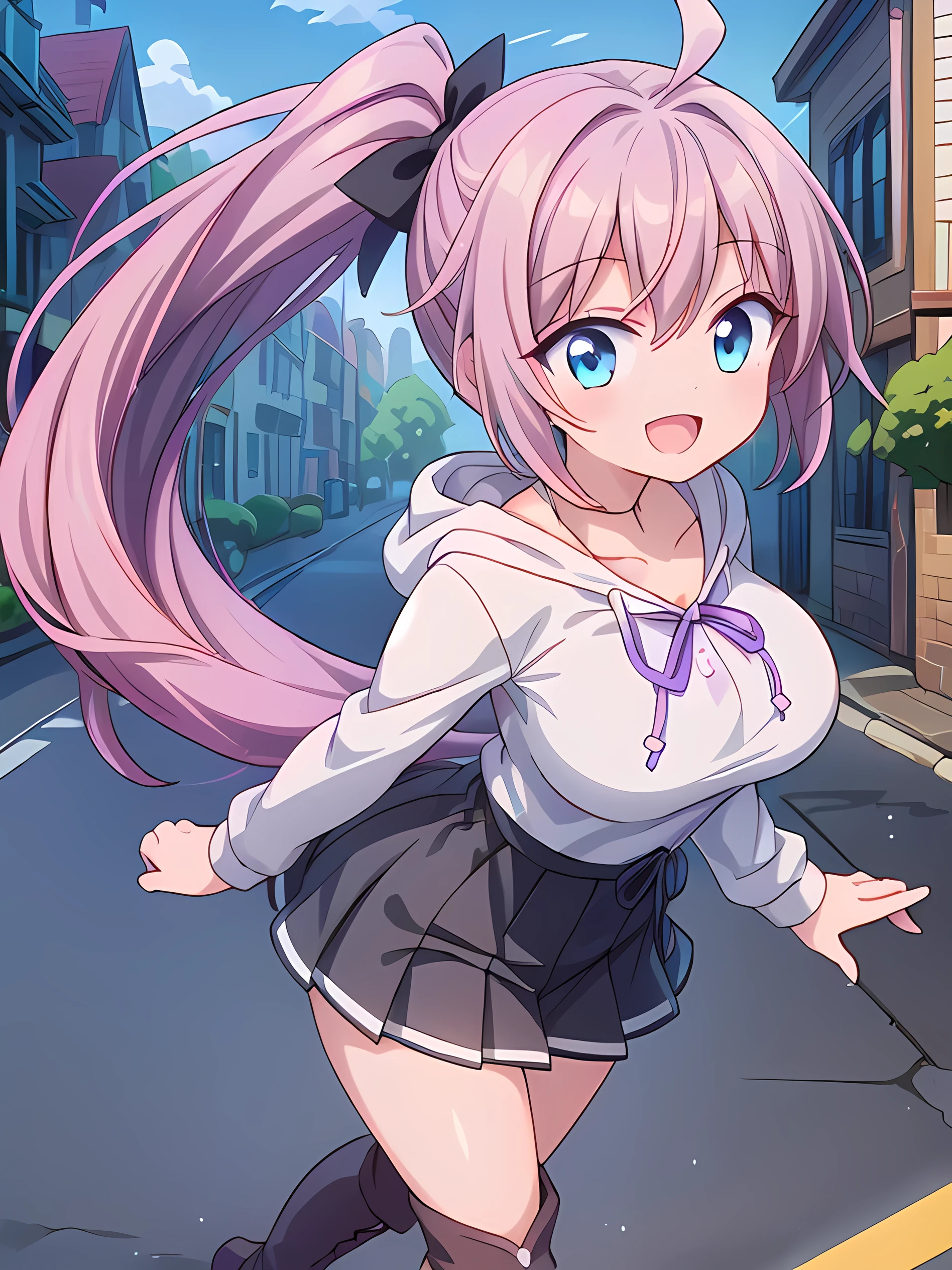 masterpiece, best quality, detailed, 1girl, solo, from side, windy, full body, public place background, running, happy,, ,takeda hiromitsu style, <lora:takeda_hiromitsu_style_v2 by Goofy Ai:1>,, kannakamui, dress, thighhighs,  dragon horns, (hair beads:0.5), low twintails, <lora:Kanna05:1>