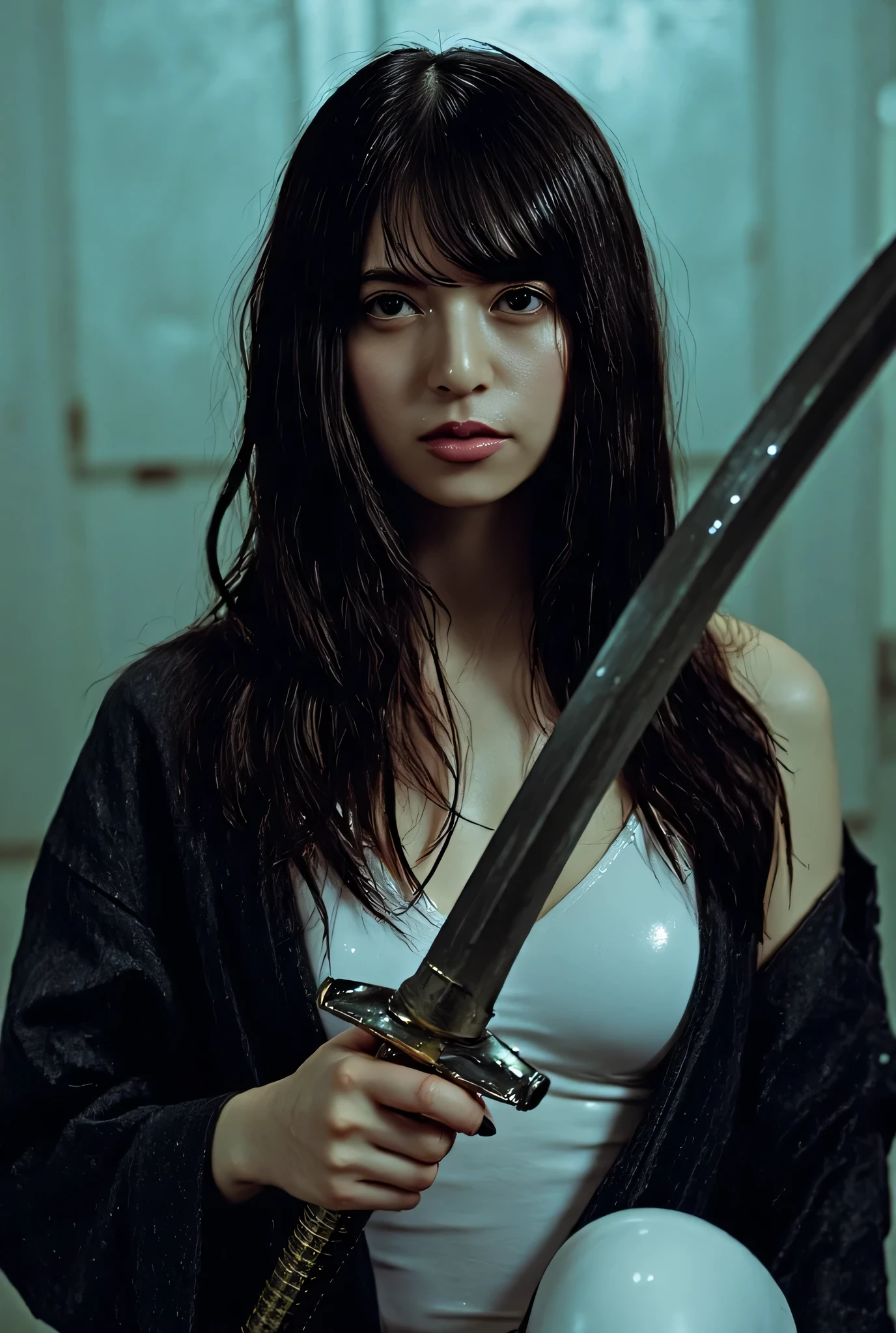 (((inside the dark spaceship Nostromo:2.0))),(((HR Gigger style cyberpunk atmosphere:2.0))),(((hold a cyberpunk-style Japanese sword:2.0))),((Point a Japanese sword at the viewer:2.0)),standing,((full body:2.0)),one woman,(cute face:2.0),(Beautiful well-balanced face :2.0),((long hair with bangs:2.0)),(wavy black hair:1.5),(Beautiful Eyes:1.3),glamorous shot of a 20-year-old Japanese woman,Beautiful slender body,((model body type to sit:2.0)),((slim body:1.7)),perfect body line,Ideal Proportions,((small breasts:2.0)),((Three sizes 84-55-85:2.0)),((B-cup breasts:1.5)),beautiful breasts,Bare thighs,Sensual Thighs,delicate body,(muscular:1.7),harmonious posture,((Realistic breast depiction :1.7)),Carefully Depicting Limbs Based on Perfect Anatomy,((Futuristic samurai style white super high leg leotard :1.5)),((Fitted Latex Super Hi-Leg Leotard:2.0)),((((Super high leg hot pants made of denim fabric:2.0)))),(black kimono:1.5),((Tactical Holster:1.5)),((((Coarse mesh fishnet stockings:2.0)))),concept art,(top quality:1.5),(masterpiece:1.5),(超高resolution),resolution,UHD,(delicate depiction),carefully drawn,32k,((realistic skin texture:1.5)),(((super realistic:1.5))),carefully draw eyelashes,Highly Detailed Faces,Highly detailed female hand, Sexy appearance ,Extremely Sensual,(Blurry Dim Backgrounds :1.5),Professional Photography,(movie lights:2.0),((Blade Runner style lighting:2.0))