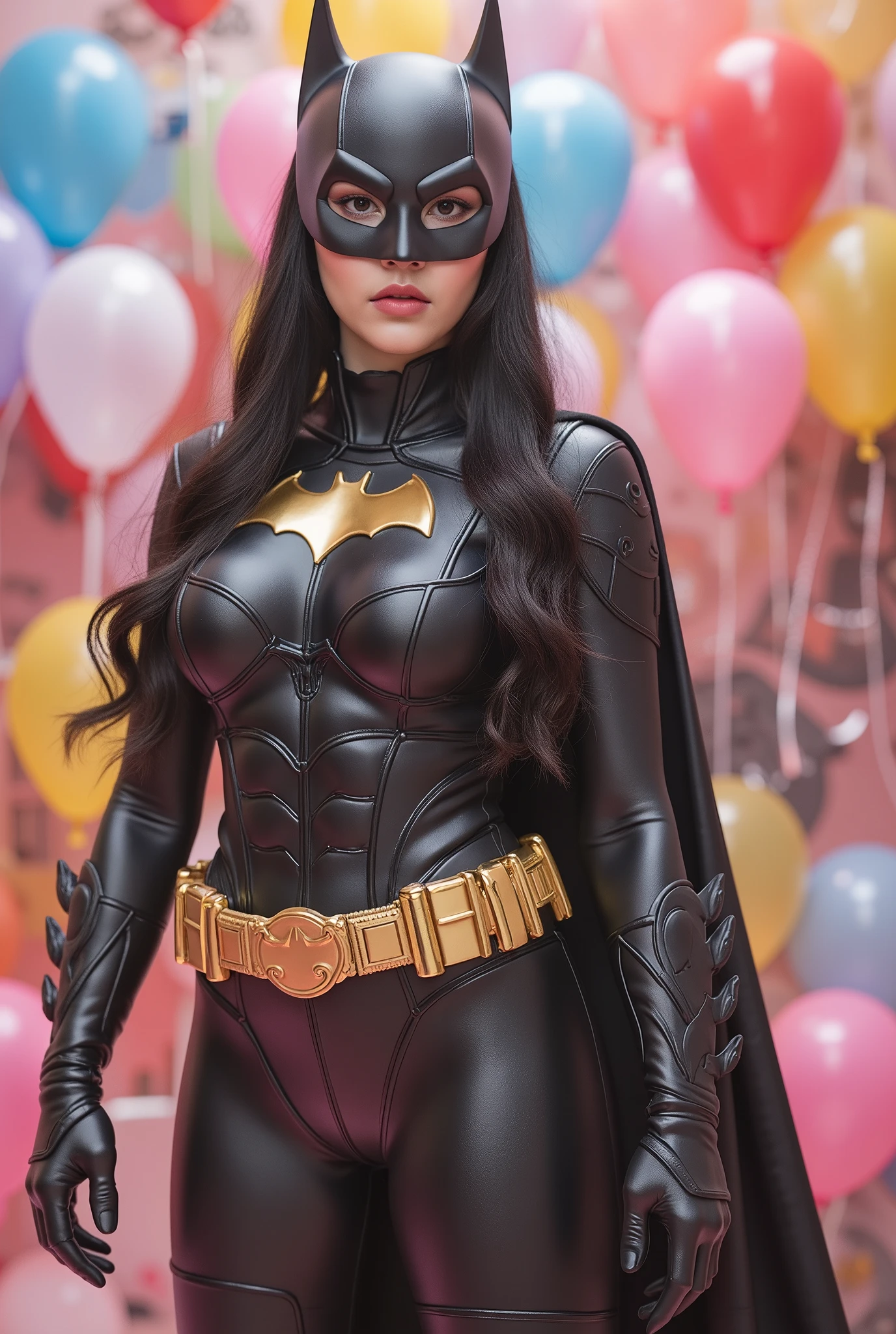 busty curvy super muscular korean female wearing batman rubber suit surrounded by balloons